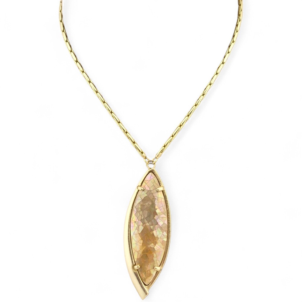 Kendra Scott Milla Long Pendant Necklace Gold Crackle Brown Mother of Pearl 32"